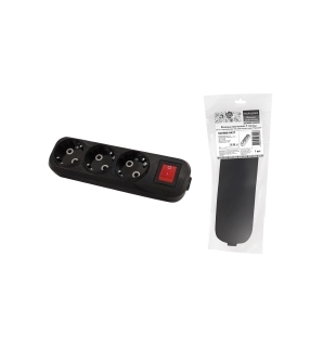 Колодка розеточная 3 гнезда 2П+3 c выключателем 16А 250В черная серии "Народная"